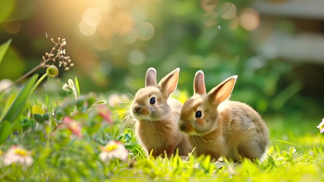 Easter bunny. A closeup of two rabbits standing on their hind legs amidst a lush green meadow. The rabbits are facing forward, with their front paws raised, and their ears perked up.