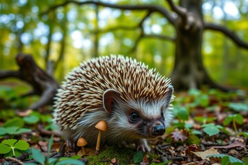 Fototapeta premium Cute hedgehog with mushrooms 