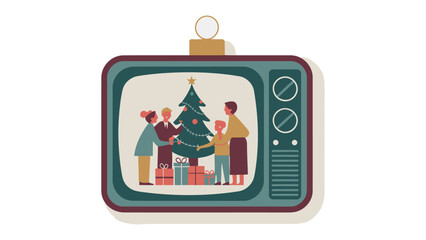 Christmas TV Ornament: Festive ornament featuring a vintage television screen displaying a family decorating a Christmas tree with gifts, representing holiday cheer and seasonal joy.