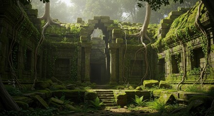 Mystical Ancient Temple Ruins Immersed in Lush Green Jungle and Sunlit Foliage