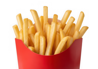 Golden french fries in red cardboard container isolated on transparent background