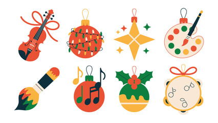 Fototapeta premium Festive Ornaments of Art and Music: An array of Christmas ornaments, each one a charming symbol of art, music, and holiday cheer. Featuring a violin, a glowing light, a star, palette, paint brush.