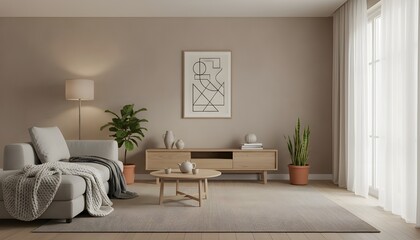 minimalist living room interior, geometric art frame mockup, natural wood furniture, soft neutral tones, cozy textiles, serene lighting, modern home decor
