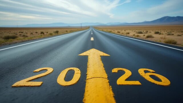 Road to 2026 with an empty road with written 2026 and arrow pointing towards the horizon to represent the future and positivity and success of the new year 2026
