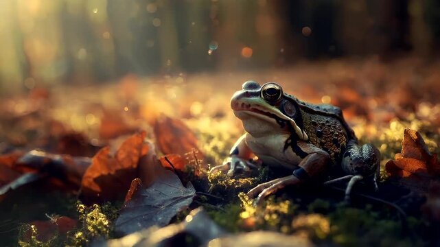A closeup of a frog on a mossy surface. The frogs eyes are large and round, with a glossy finish. The background is blurred, emphasizing the frog as the main subject.