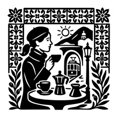 Smiling barista serving coffee on sunny terrace woodcut