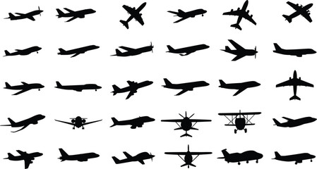 Aircraft silhouettes, airplane icons, aviation shapes, military jets, commercial planes, drone outlines, black vector aircraft, flight symbols, aviation design elements