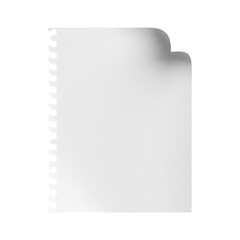 Clean white torn notebook page with fine paper fibers and a perforated ripped top edge. Features a slightly curled corner and natural shadow, conveying a neat, minimalist style, perfect for text 