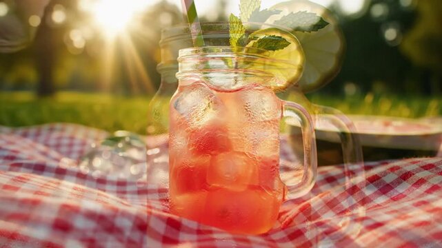 Refreshing drink with ice cubes in glass jar with lemon and mint in a natural outdoor environment with sunlight