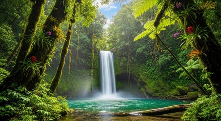 Lush Tropical Rainforest Waterfall With