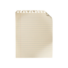 Torn vintage cream notebook paper with soft blue ruled lines and a perforated ripped top edge. Features visible paper fibers, a subtly curled corner, and gentle shadows, creating a warm, detailed, min