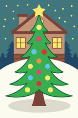 Fototapeta premium Christmas tree with ornament and star on the top of house in a snowy day