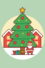 Fototapeta premium Festive cartoon Christmas scene with Santa Claus, gifts and decorated fir tree