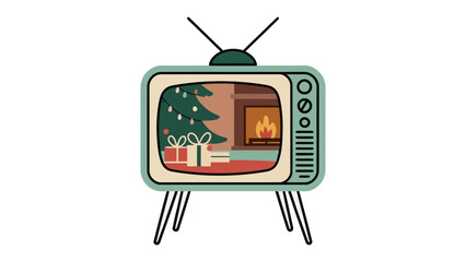 Retro Television Displaying Holiday Scene: A vintage television set showcasing a cozy holiday scene, complete with a festive tree, crackling fireplace, and wrapped gifts.