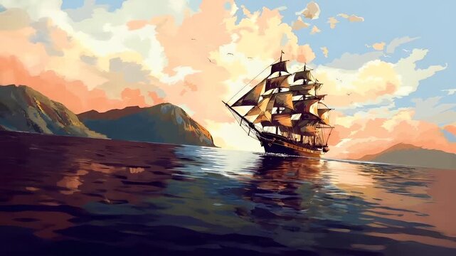 A vivid illustration of a sailing ship against a backdrop of a sunset sky. The ship is depicted in a realistic style.