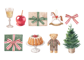 Watercolor vintage Christmas elements collection with toys, bundt cake and gift boxes