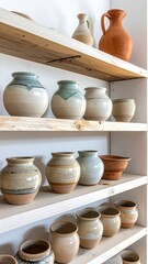 Assortment of ceramic pottery vessels displayed on rustic wooden shelves