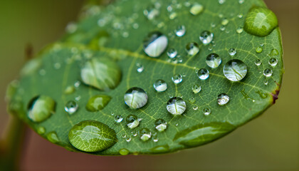 green leaf with dew and water drops closeup