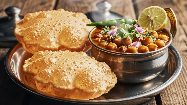 Traditional indian cuisine platter featuring fried bread and chickpea curry presented on rustic wooden table