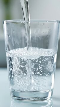 Pouring Fresh Water Into a Glass on a White Table, Close Up