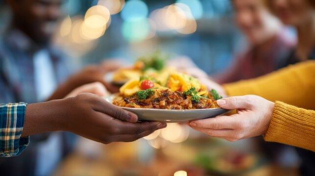 Friends from different backgrounds gather around a table, sharing colorful dishes filled with fresh ingredients. Laughter and joy fill the atmosphere as they enjoy their dining experience - Powered by Adobe