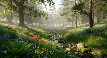 Obraz premium Vibrant Woodland Stream with Wildflowers and Misty Morning Light