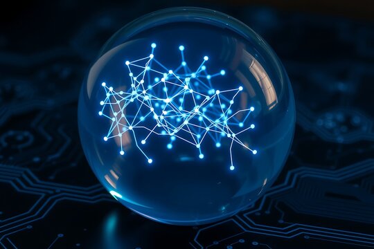 Generative AI digital network within a crystal orb on circuits.