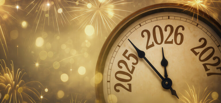 Vintage clock striking midnight between 2025 and 2026 with golden fireworks, representing the New Year and Christmas celebration countdown. - Powered by Adobe