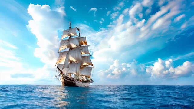 A vivid portrayal of a sailing ship under a partly cloudy sky. The ships sails are billowing, and the hull is a mix of white and brown.