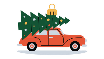 Naklejka premium Festive Journey: An illustration of a vibrant red car, adorned with a decorative Christmas tree strapped securely on its roof, embodies the spirit of holiday travel.
