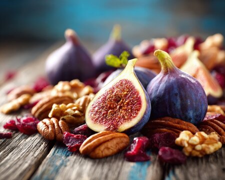 Fresh Figs With Nuts And Cranberries On Rustic Wooden Table