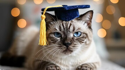 A curious cat proudly wears a graduation cap on its head, exuding happiness and a sense of accomplishment as it celebrates academic success with playful enthusiasm, inviting creative freedom for.