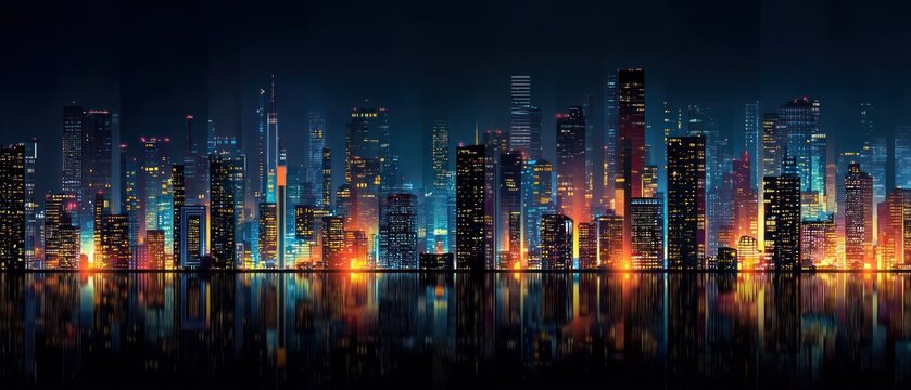 City skyline at night with colorful lights