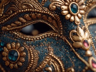 Obraz premium close-up of an ornate mask with intricate detailing in gold and deep blue featuring gemstones and floral motifs under soft lighting concept of luxury fashion and masquerade