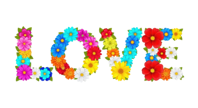 Floral Affection: The word LOVE is artfully spelled out with an array of vibrant flowers, each petal a testament to the beauty and diversity of affection.  