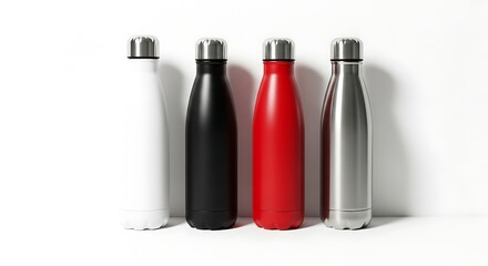 Variety of colorful stainless steel water bottles on white background perfect for hydration