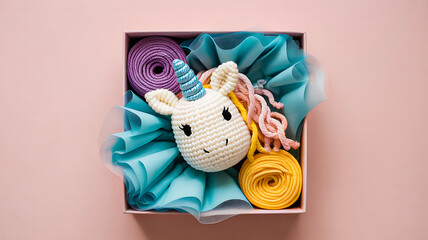 Cute handmade crochet unicorn doll and yarn supplies neatly packaged in a pink gift box, perfect for crafting projects, birthday presents, and children's toys.