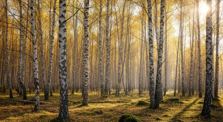Fototapeta premium Radiant Autumn Birch Forest Bathed in Golden Sunlight