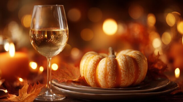A dinner table glows warmly with soft candlelight, decorated with autumn leaves and a charming pumpkin centerpiece. A glass of white wine adds elegance to the cozy setting for a fall gathering