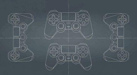 Blueprint style illustration of four video game controllers, showing top and side views on a dark grey background.