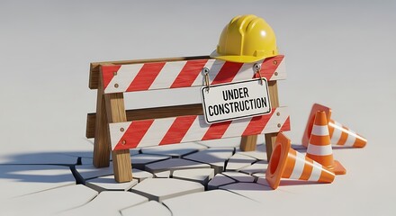 Warning sign with orange cones and yellow hard hat for construction site