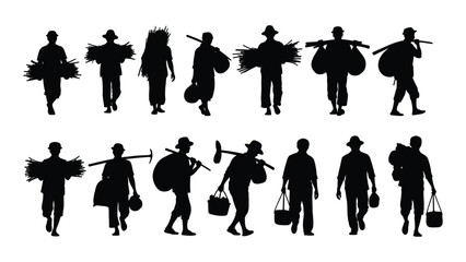 Agricultural laborers and farmers silhouettes isolated on transparent background, Vector