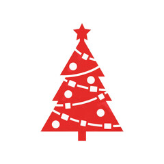 A red decorated Christmas tree vector icon. Simple flat design for holiday and winter celebrations. Festive graphic symbol isolated on a transparent background