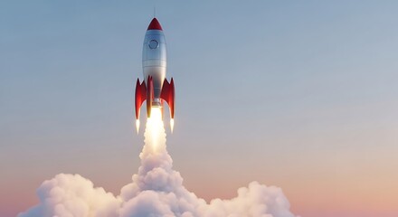 Vintage Rocket Launching with Powerful Engine Against a Soft Cloudy Sky