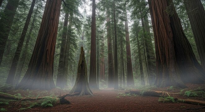Majestic Ancient Redwood Forest Shrouded in Ethereal Mist - Powered by Adobe
