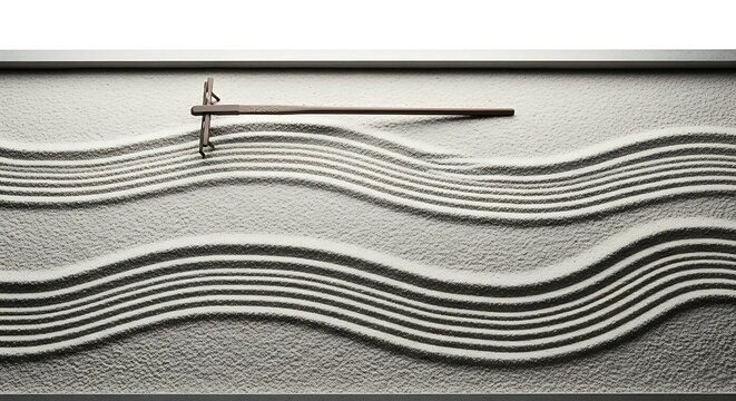 A Zen garden with meticulously raked sand creating flowing wave patterns and a small rake resting on top.