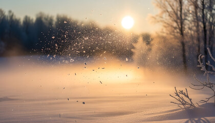 Foggy mountain sunrise glowing through forest trees