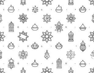 Black and white repeating pattern of Islamic festive icons