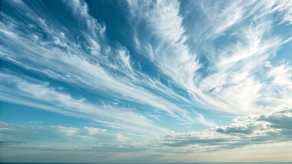 Cloud sky blue horizon wispy cirrus cloudscape airy serene daylight drift across open sea under calm sky, wispy cirrus streaks create soft texture and peaceful mood near distant horizon