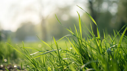Soft focus grass sunrise light green meadow bokeh background natural texture fresh blades spring growth dew drops tranquil scene outdoor field